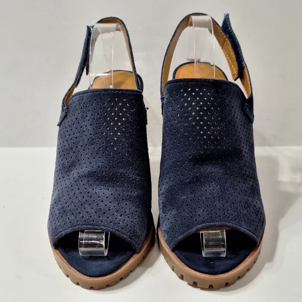 Franco Sarto Navy Blue Suede Austin Boho Slingback Platform Heel Sandals Sz 6.5
